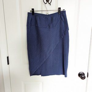 Dark gray-blue asymmetrical pencil wrap pull on form fitting skirt